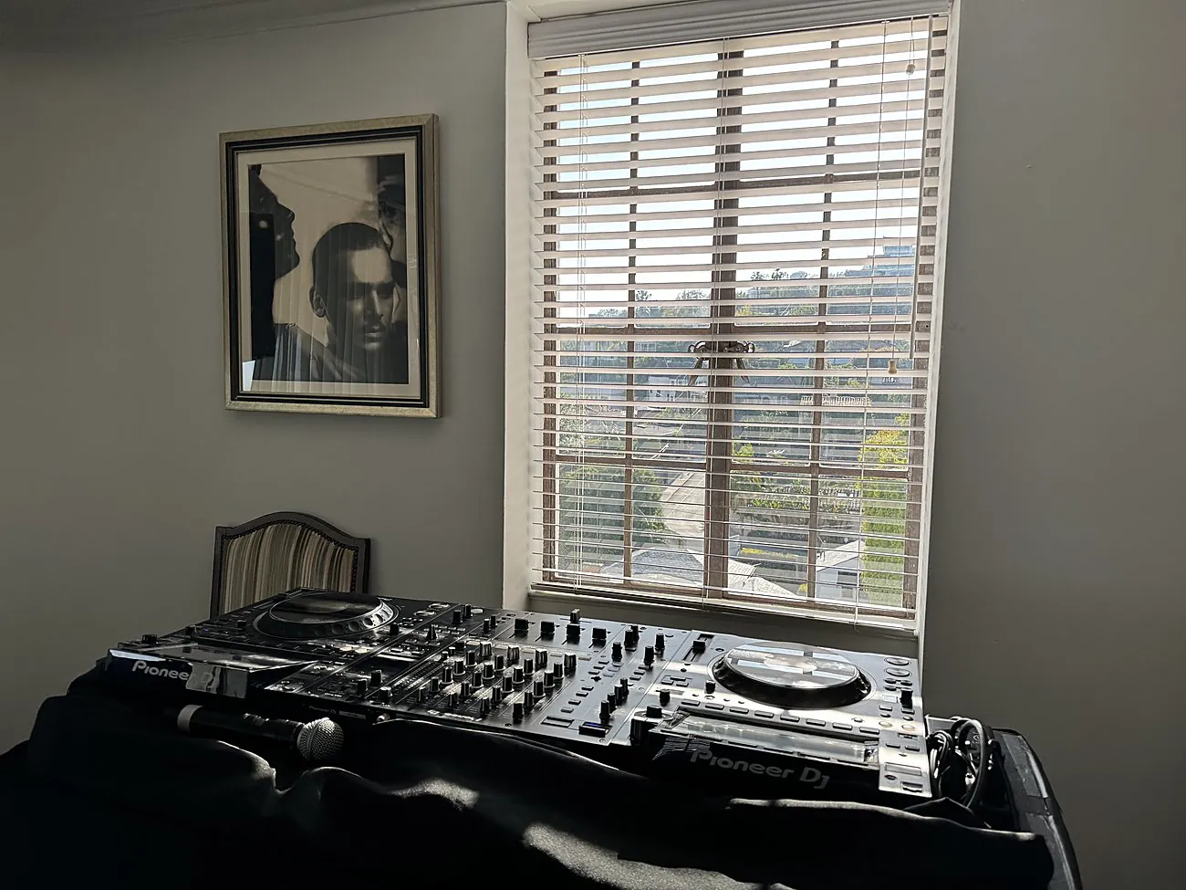 AVE DJ controller and sound set up by the window at the Chateau Marmont