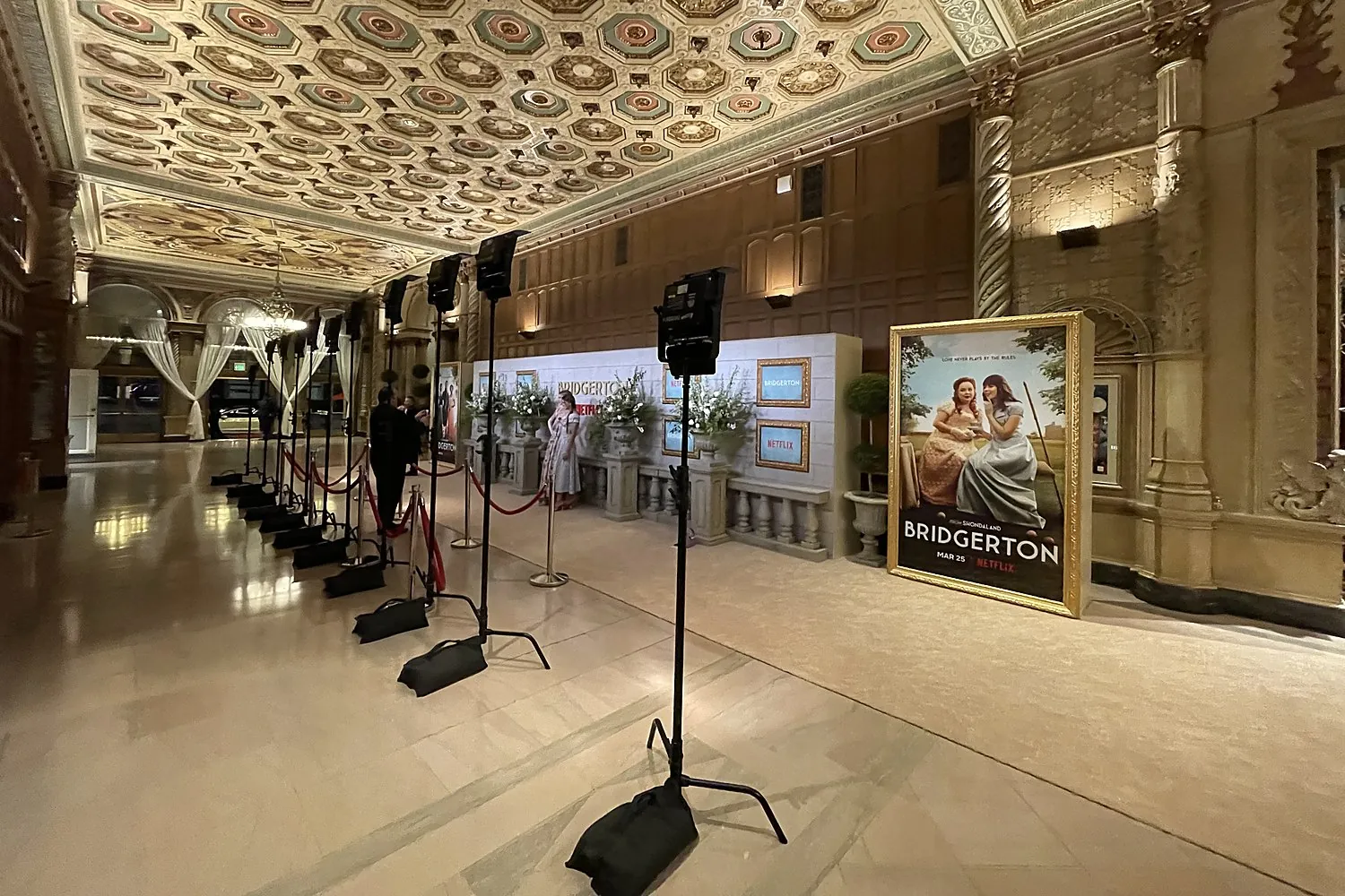 Ornate historic venue set for a red-carpet premiere with AVE production