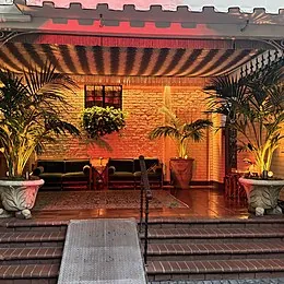 Warm covered terrace at the Chateau Marmont